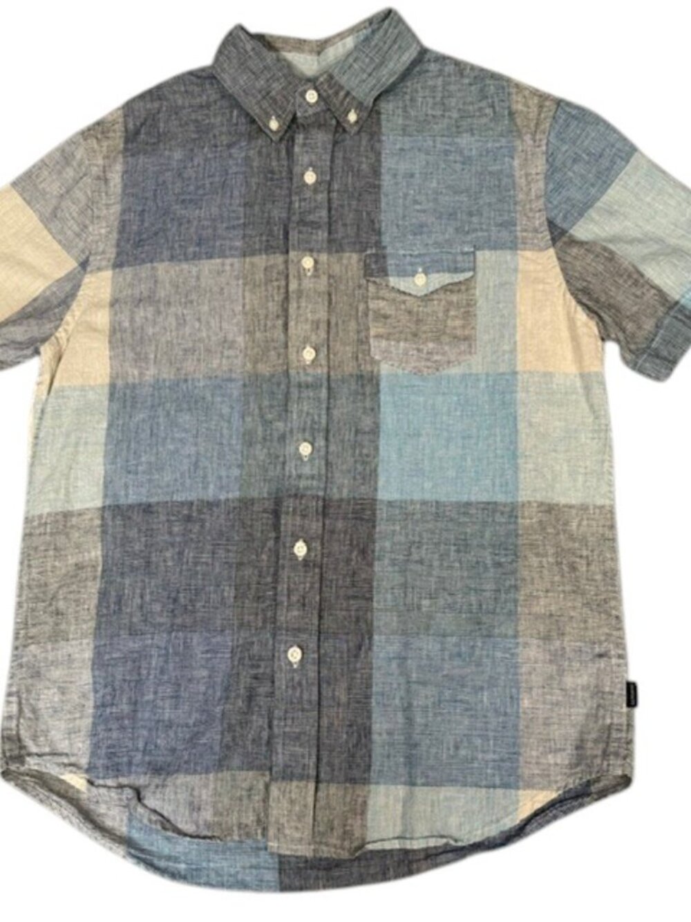 Crown & Ivy Mens S Blue Plaid Short Sleeve Button Down Shirt Classic Fit EUC